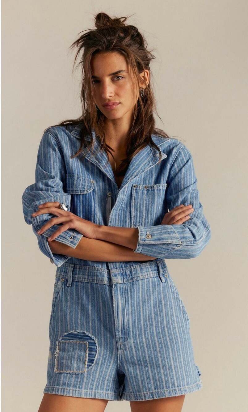 Free People We The Free Florence Blues Striped Denim Coverall Jumpsuit Romper XL